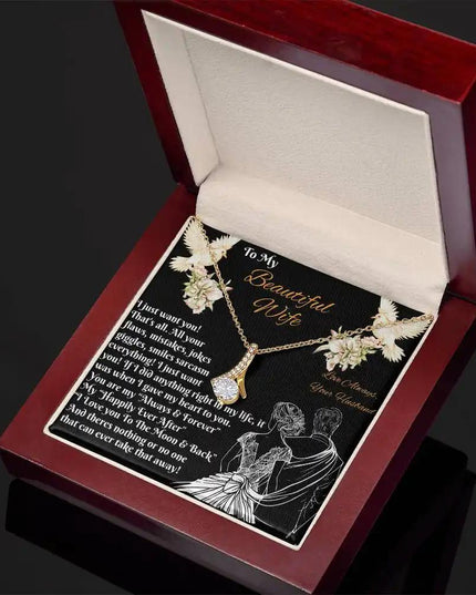 yellow gold alluring beauty necklace in a mahogany box angled right