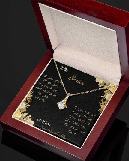 alluring beauty necklace with greeting card to bestie in mahogany box in yellow gold close view