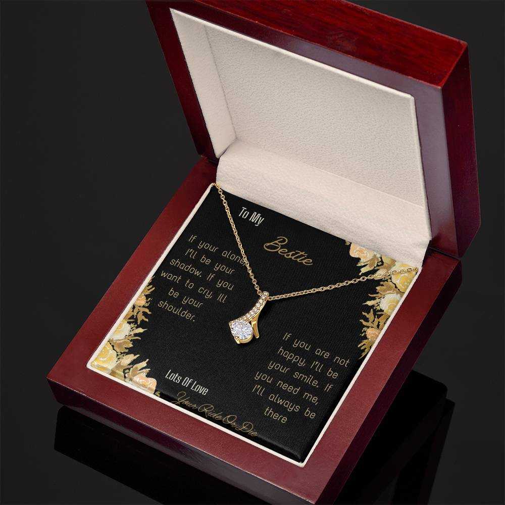 alluring beauty necklace with greeting card to bestie in mahogany box in yellow gold close view