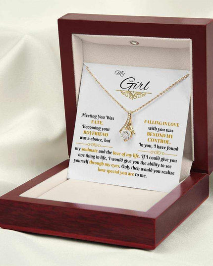 yellow gold alluring beauty necklace in a luxury box with LED light on