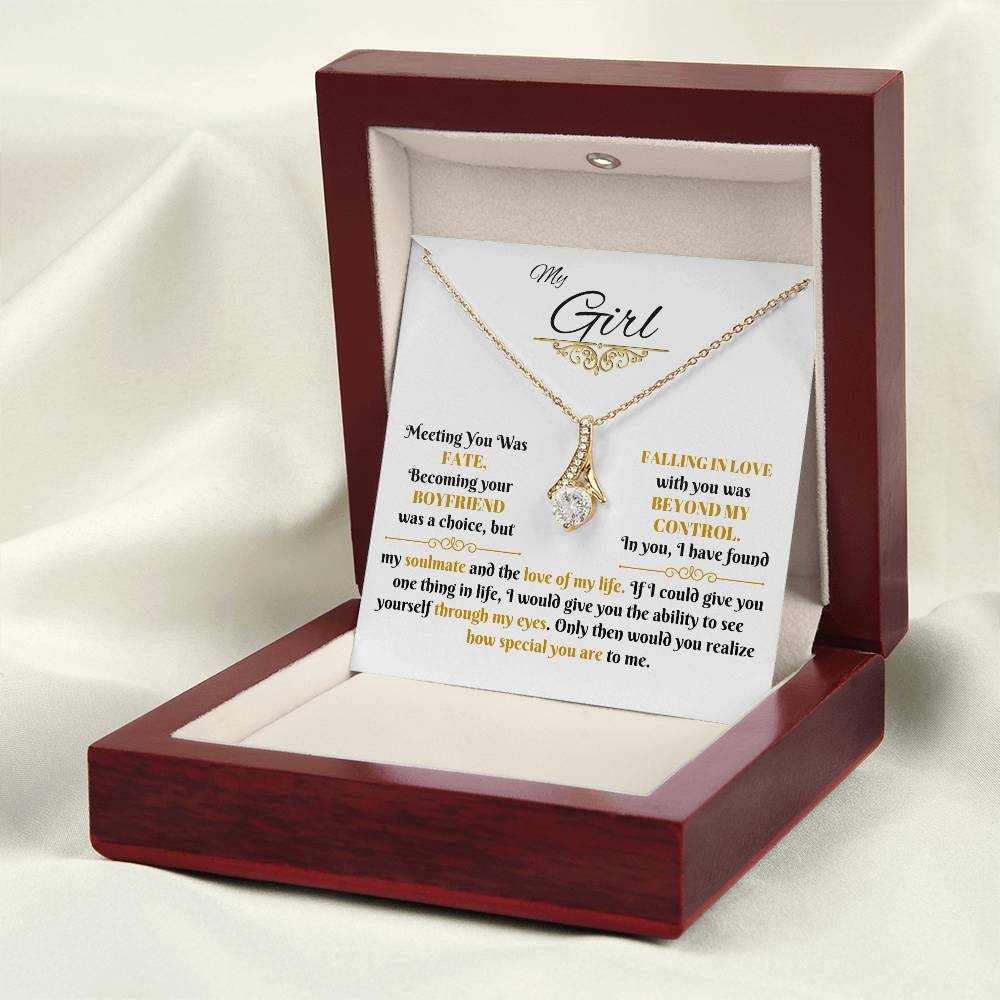 yellow gold alluring beauty necklace in a luxury box with LED light on