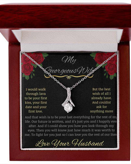 alluring beauty necklace with greeting card to beautiful wife in white gold in mahogany box