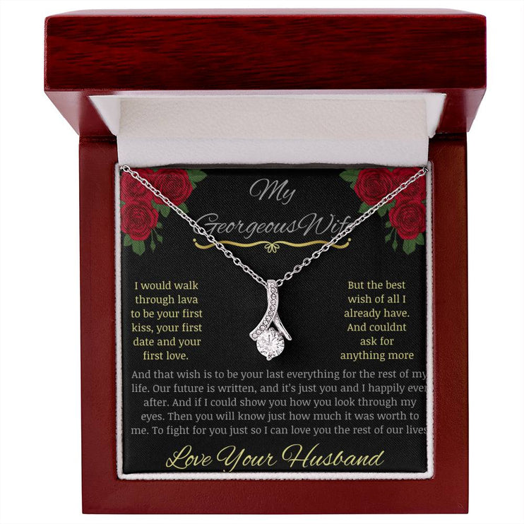 alluring beauty necklace with greeting card to beautiful wife in white gold in mahogany box
