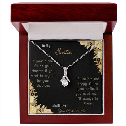 alluring beauty necklace with greeting card to bestie in mahogany box in white gold close view