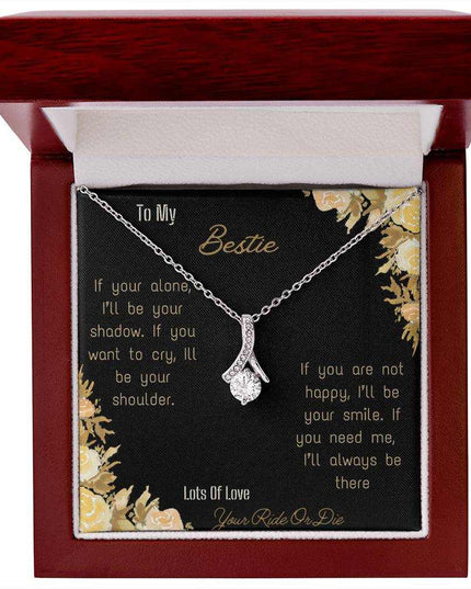 alluring beauty necklace with greeting card to bestie in mahogany box in white gold close view