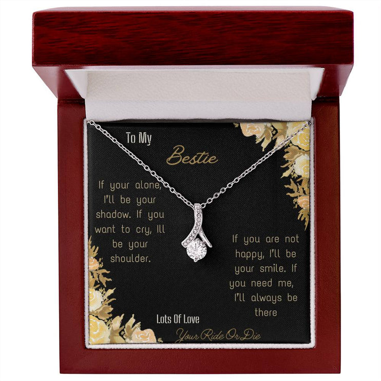 alluring beauty necklace with greeting card to bestie in mahogany box in white gold close view