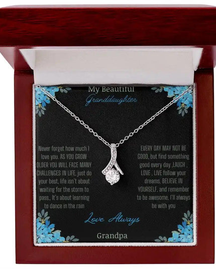 Alluring Beauty Necklace with a white gold charm with a to granddaughter from grandpa greeting card in a mahogany box
