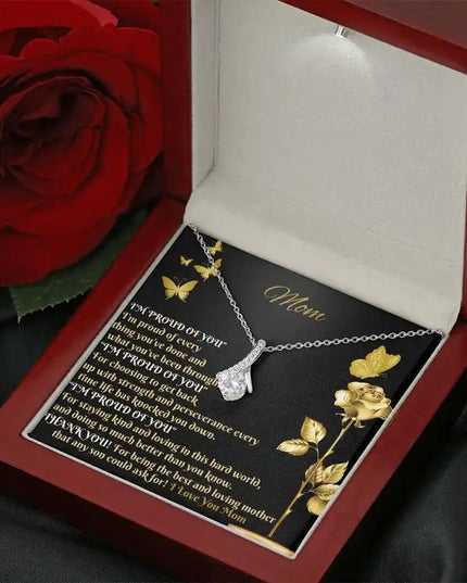 white gold alluring beauty necklace in mahogany box angled right