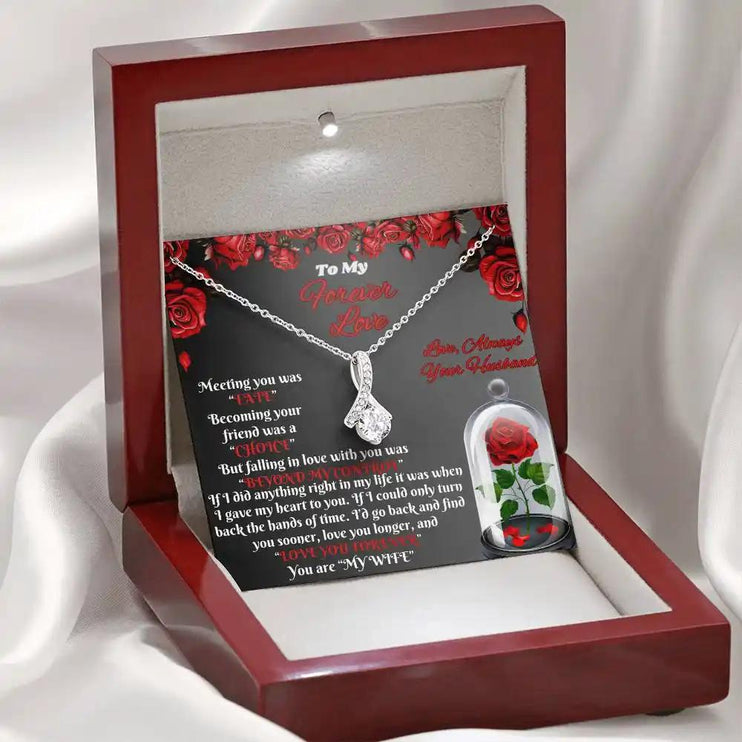 white gold alluring beauty necklace in mahogany box on white cloth