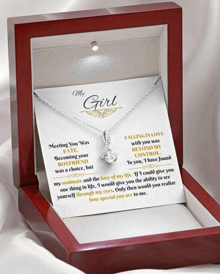 white gold alluring beauty necklace in a luxury box with LED light on