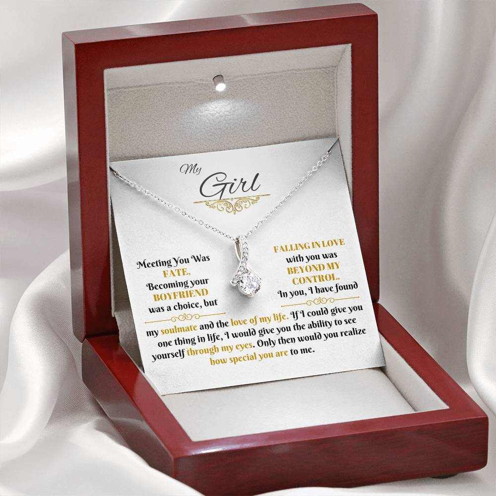 white gold alluring beauty necklace in a luxury box with LED light on