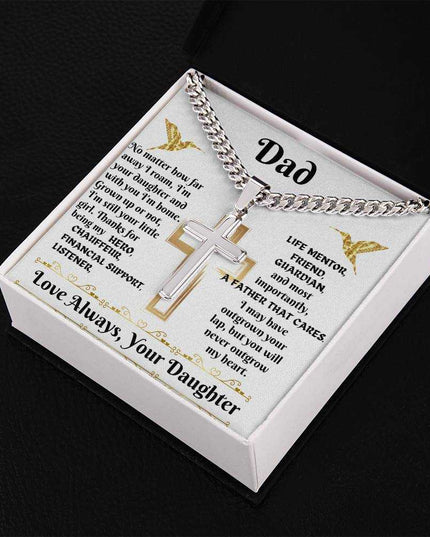 Cuban link chain with personalized cross in soft box angled to right