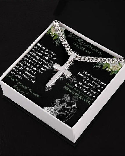 personalized cross on cuban link chain in in soft box angled right