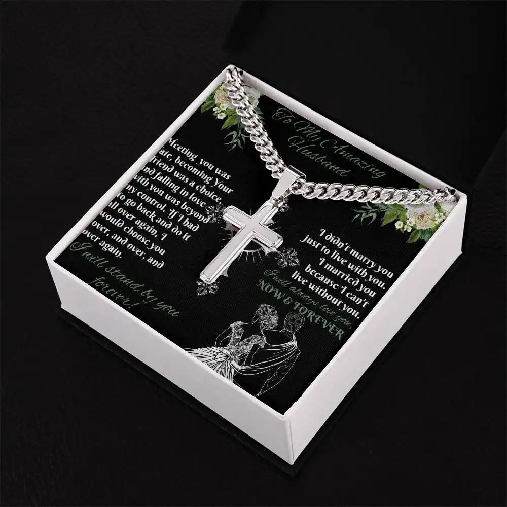 personalized cross on cuban link chain in in soft box angled right