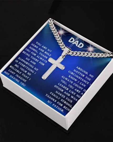 Artisan Cross Personalized Cuban Chain Necklace with a polished stainless-steel finish and in a two-tone box angle 1