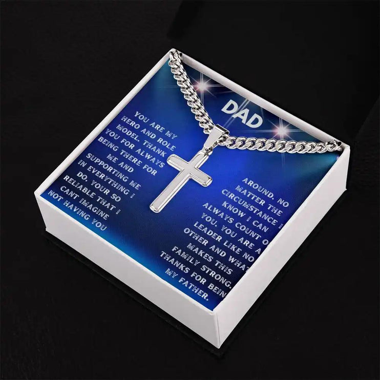 Artisan Cross Personalized Cuban Chain Necklace with a polished stainless-steel finish and in a two-tone box angle 1