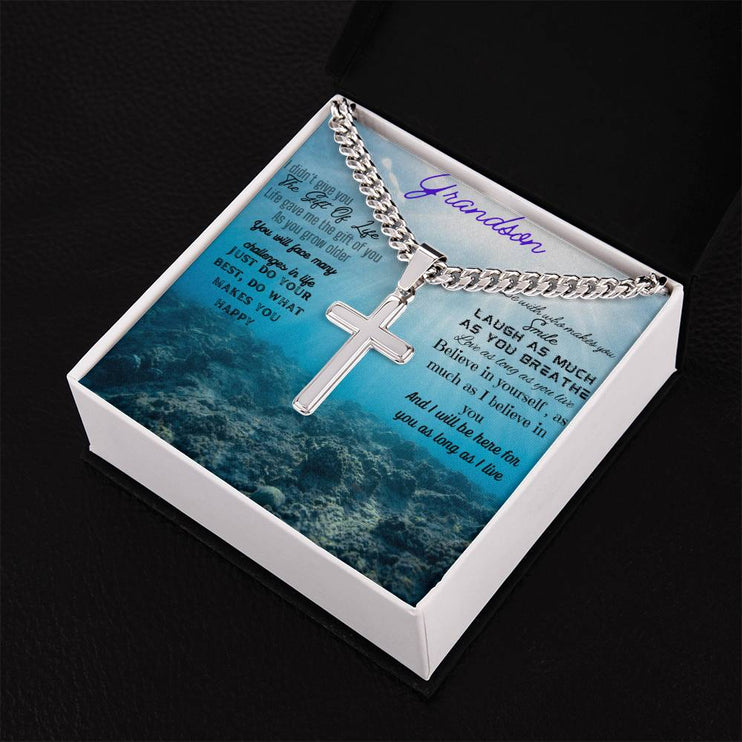 Artisan Cross Personalized Cuban Chain Necklace with polished stainless-steel pendant in a two-tone box angle 2