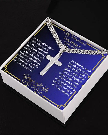 personalized cross on cuban link chain in soft box angled right