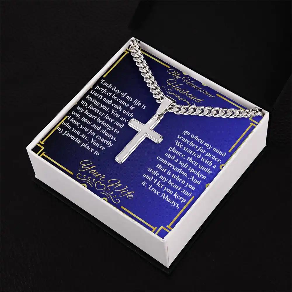 personalized cross on cuban link chain in soft box angled right