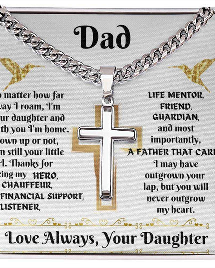 Cuban link chain with personalized cross in soft box up close
