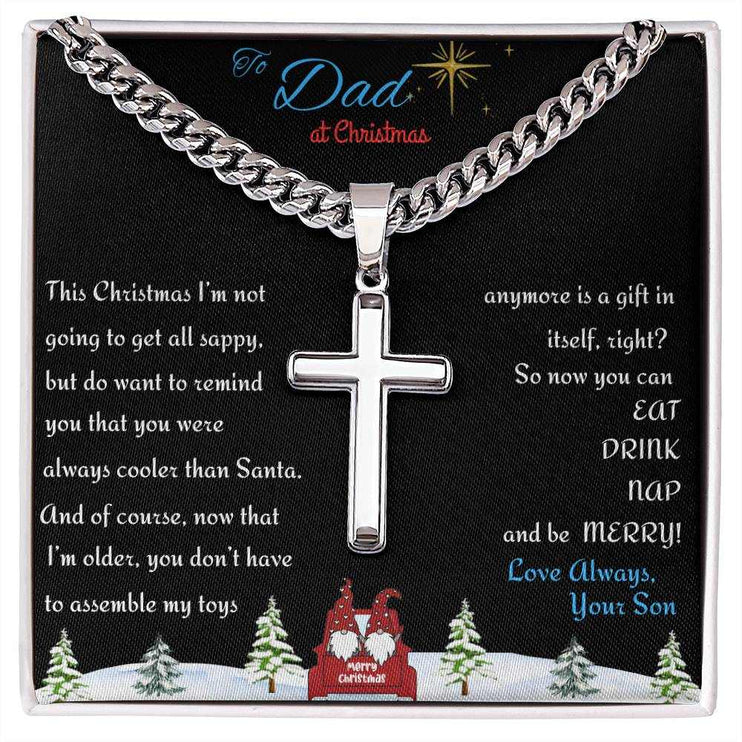 Cuban link chain with personalized cross in soft box up close