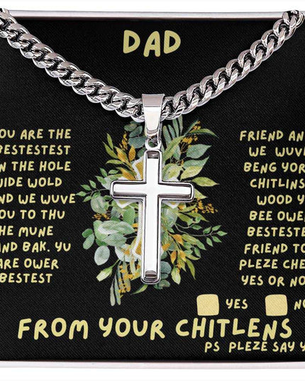 Cuban link chain with personalized cross in soft box up close