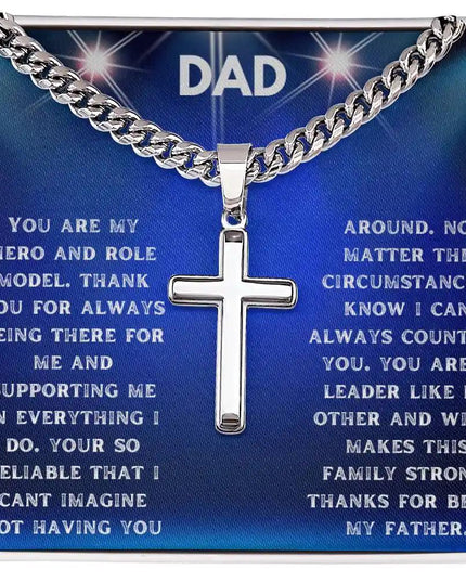 Artisan Cross Personalized Cuban Chain Necklace with a polished stainless-steel finish and in a two-tone box angle 1
