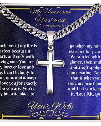personalized cross on cuban link chain up close in soft box