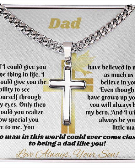 Cuban link chain with personalized cross in soft box up close