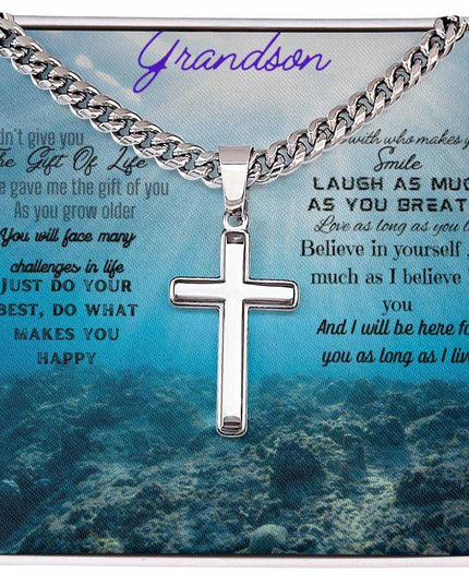 Artisan Cross Personalized Cuban Chain Necklace with polished stainless-steel pendant in a two-tone box