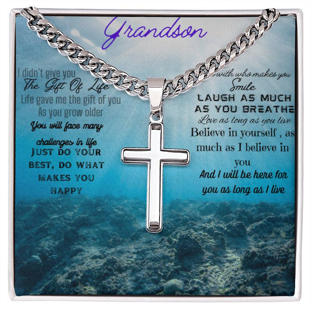 Artisan Cross Personalized Cuban Chain Necklace with polished stainless-steel pendant in a two-tone box