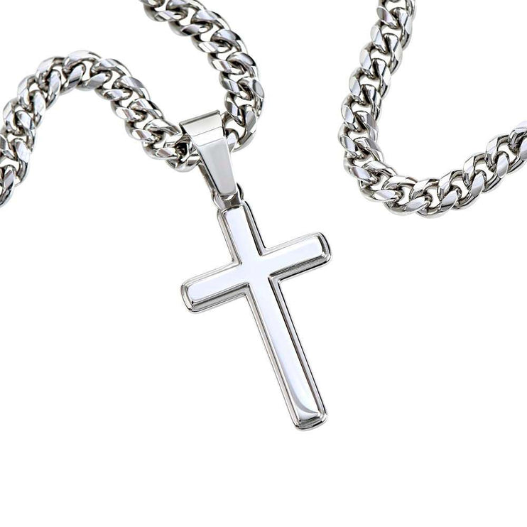 Cuban link chain with personalized cross showing front of cross