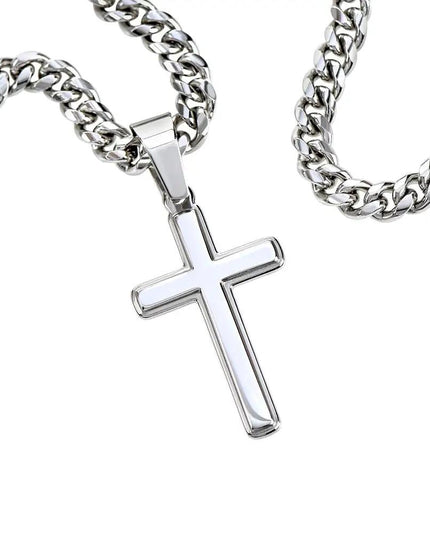 personalized cross on cuban link chain showing front cross