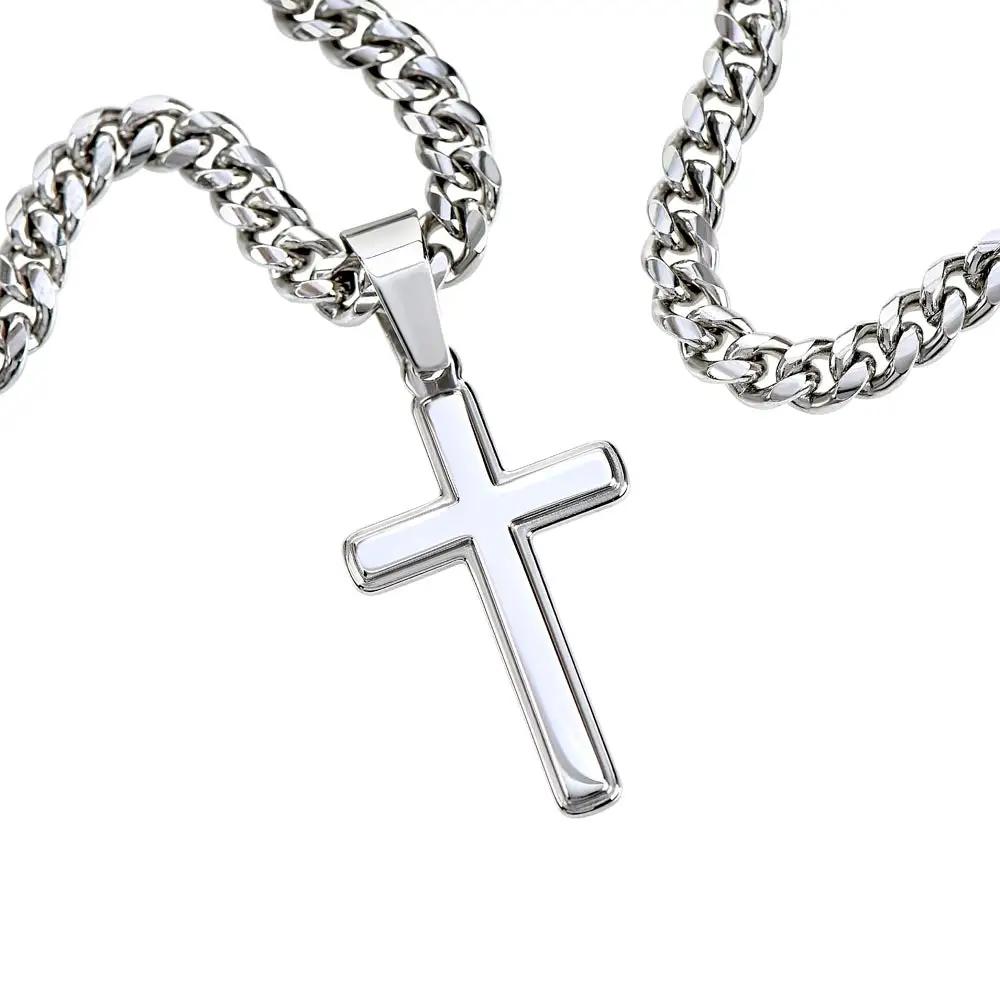 personalized cross on cuban link chain showing front cross