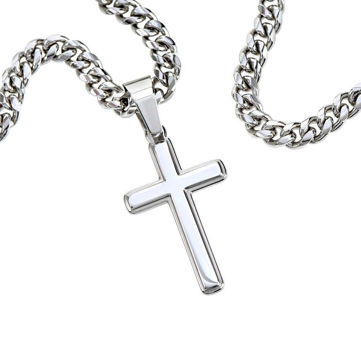 Cuban Link Chain with Personalized Cross showing front of cross