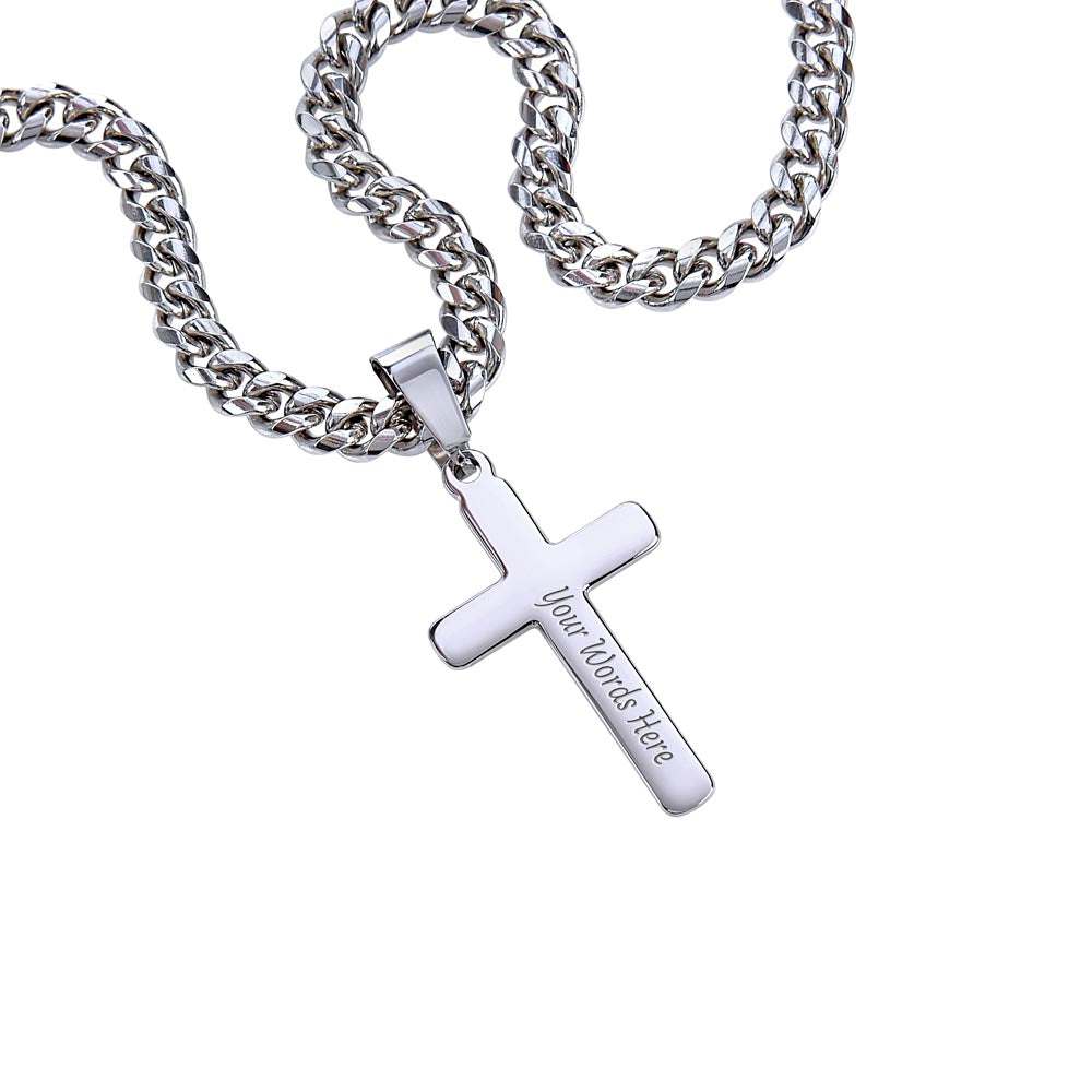 Cuban link chain with personalized cross showing engraving on cross