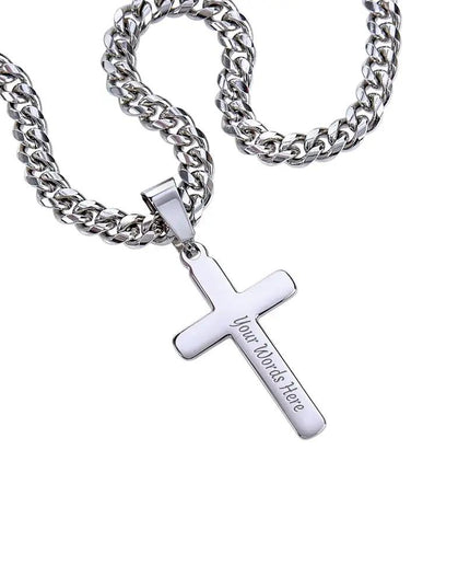 personalized cross on cuban link chain showing engraving