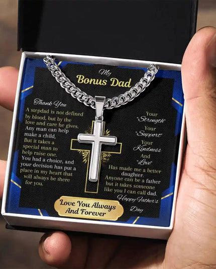 Cuban Chain Necklace in two-tone box in model's hand.