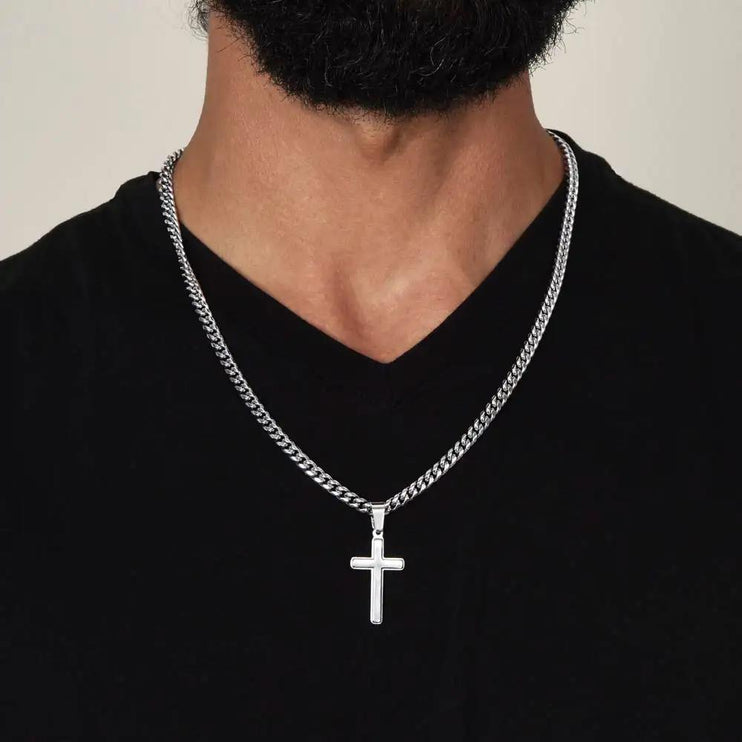 Cuban Chain Necklace with Personalized Cross on models neck.