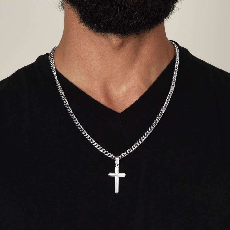 Cuban link chain with personalized cross on a model's neck