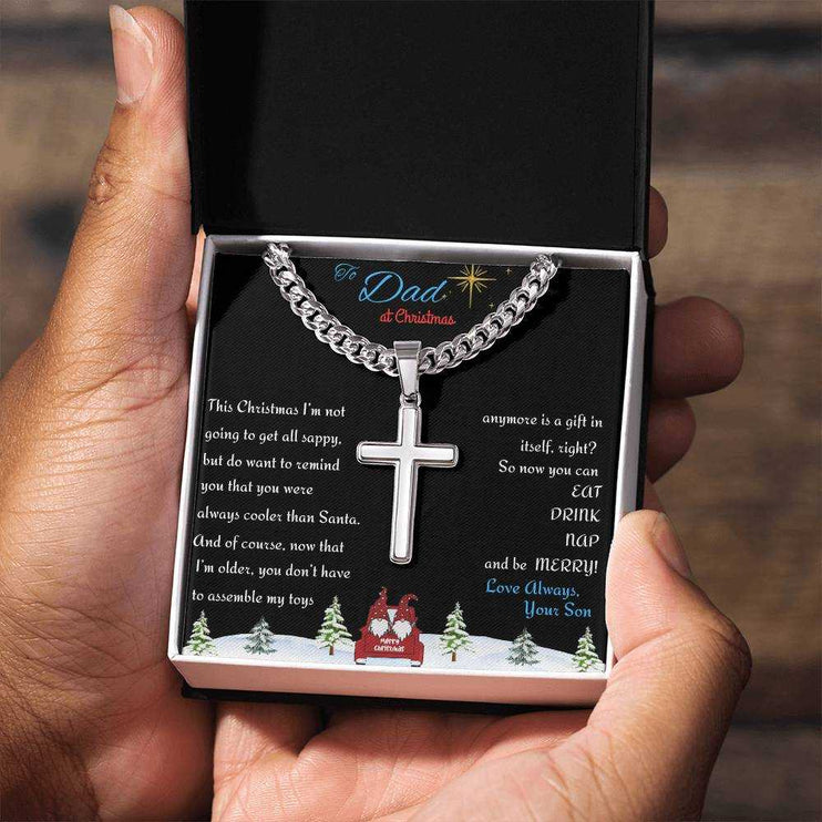 Cuban link chain with personalized cross in soft box in model's hands
