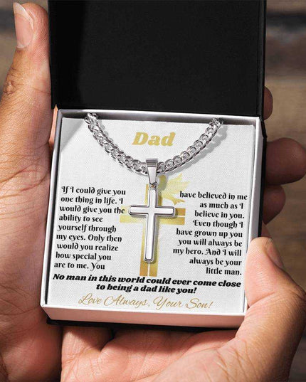 Cuban link chain with personalized cross in soft box in model's hands