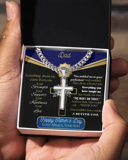 Cuban Chain Necklace showing in a two-tone box in model's hands.