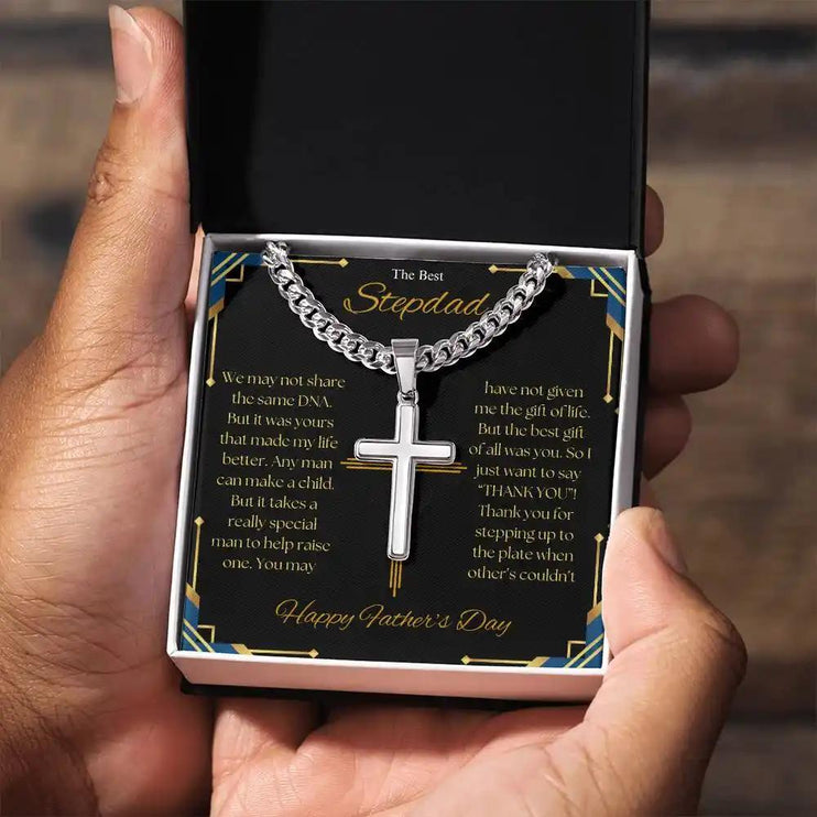 Cuban Chain Necklace with Personalized Cross in two-tone box.