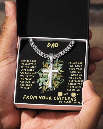 Cuban link chain with personalized cross in soft box in model's hands