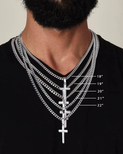Cuban Chain Necklace showing all sizes on model's neck. 