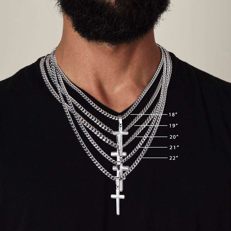 Cuban link chain with personalized cross on a model's neck showing different lengths