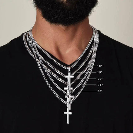 Cuban Chain Necklace on models neck showing different lengths.