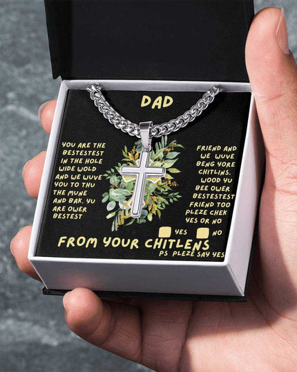 Cuban link chain with personalized cross in soft box in model's hand