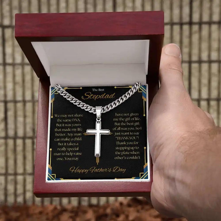 Cuban Chain Necklace with Personalized Cross in mahogany box in hands.